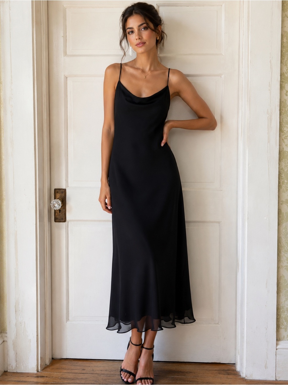 Sleek Black Cowl Neck Maxi Slip Dress